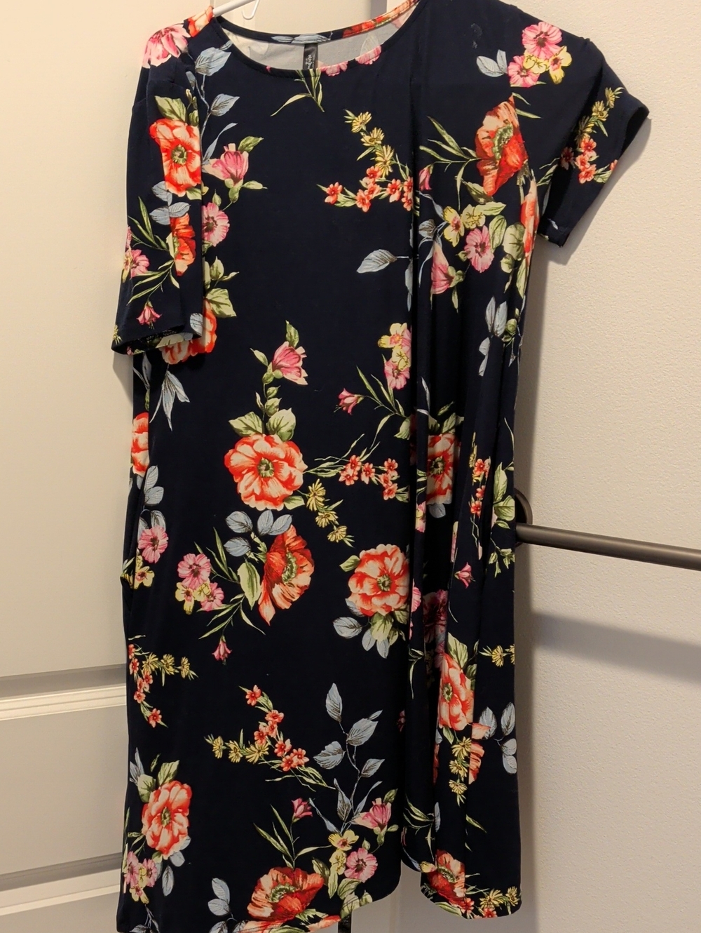Rags and Couture Navy Floral Midi Dress with Coral and Pink Blooms